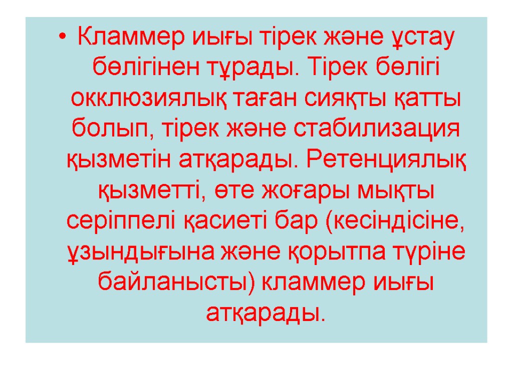 Кламмер иығы тірек және ұстау бөлігінен тұрады. Тірек бөлігі окклюзиялық таған сияқты қатты болып,